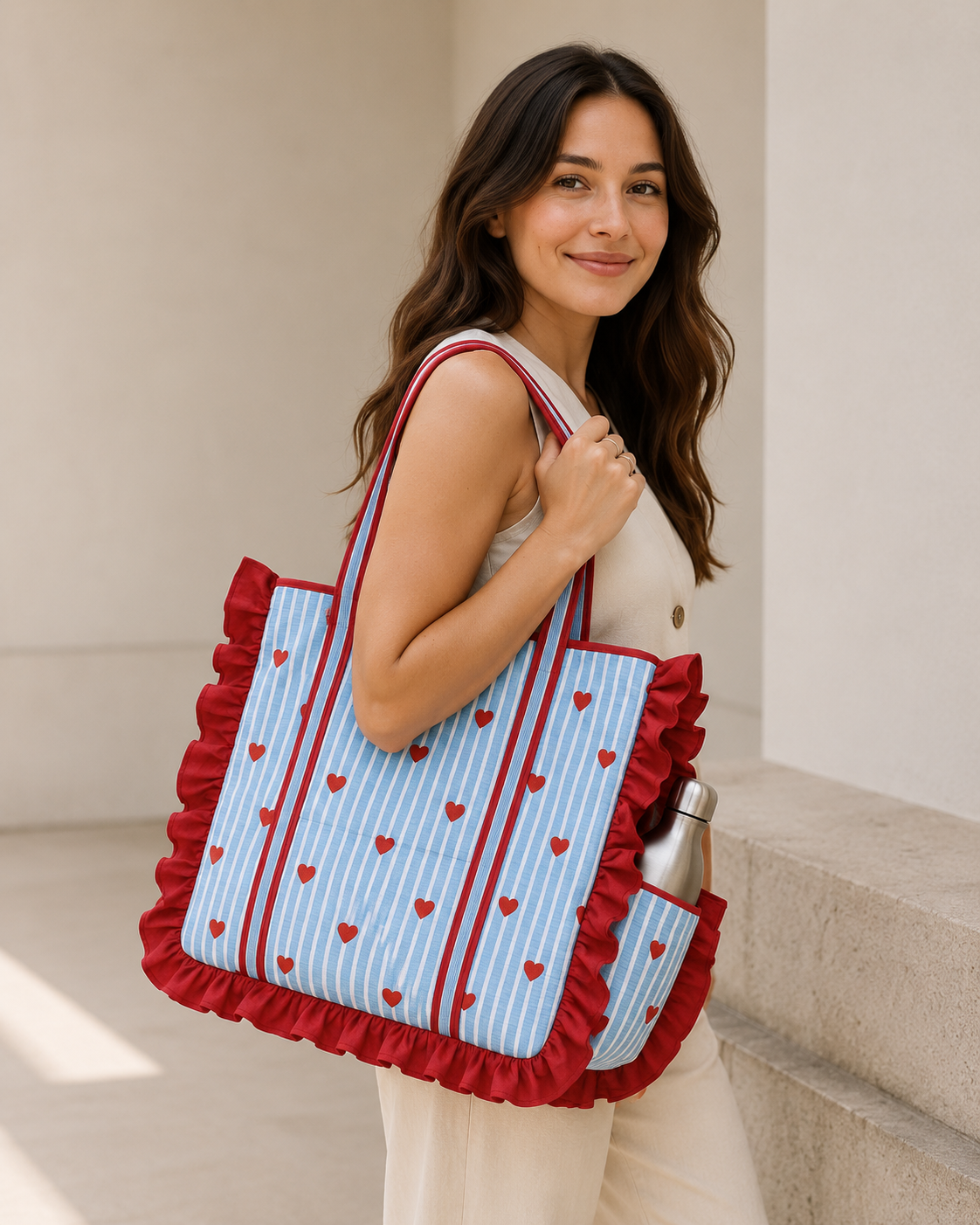 Heart Embroidery Striped Quilted Tote Bag with Ruffle Trim