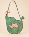 Embroidered Lotus Leaf Suede Shoulder Bag with Textured Bloom and Seed Pod Details