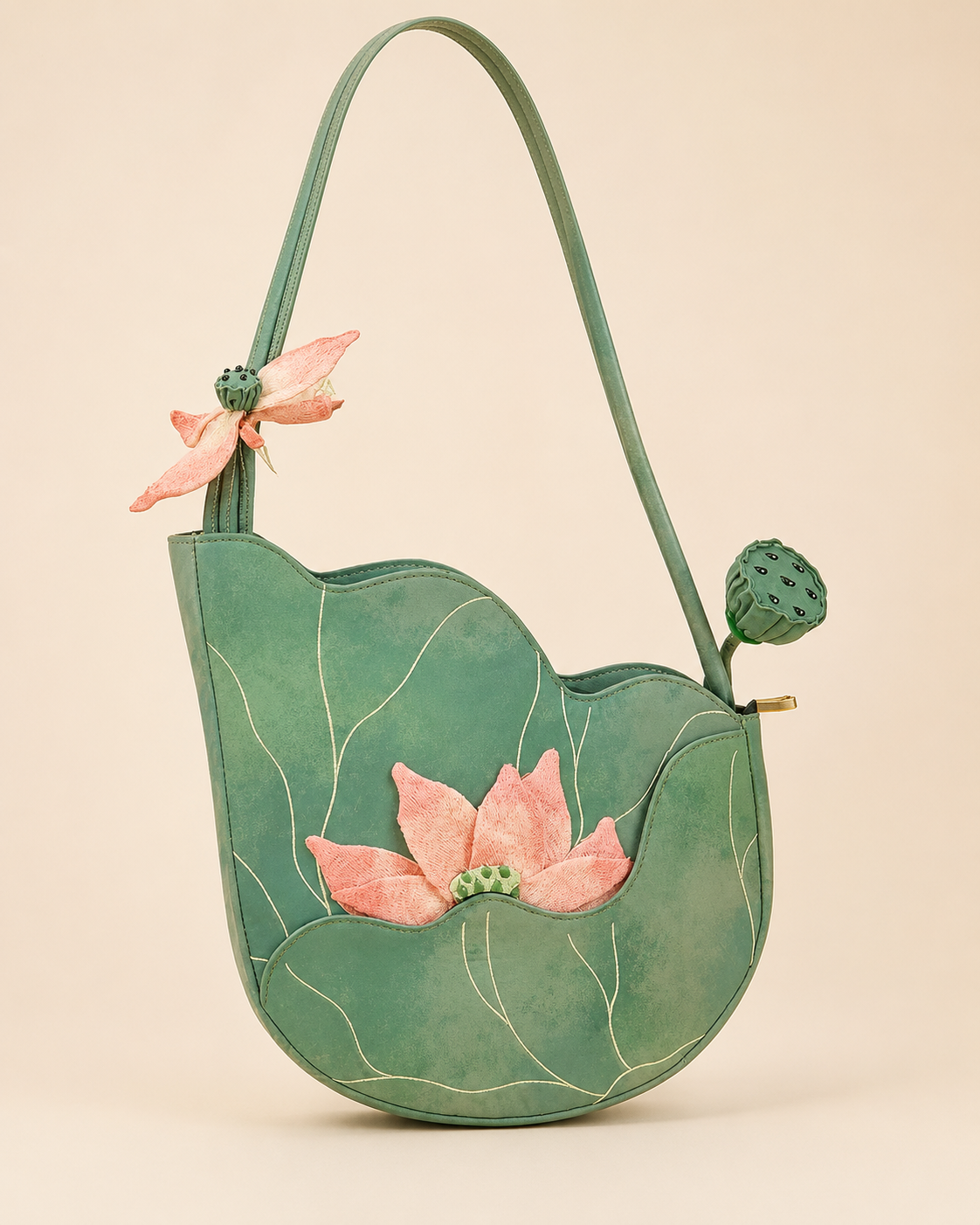 Embroidered Lotus Leaf Suede Shoulder Bag with Textured Bloom and Seed Pod Details