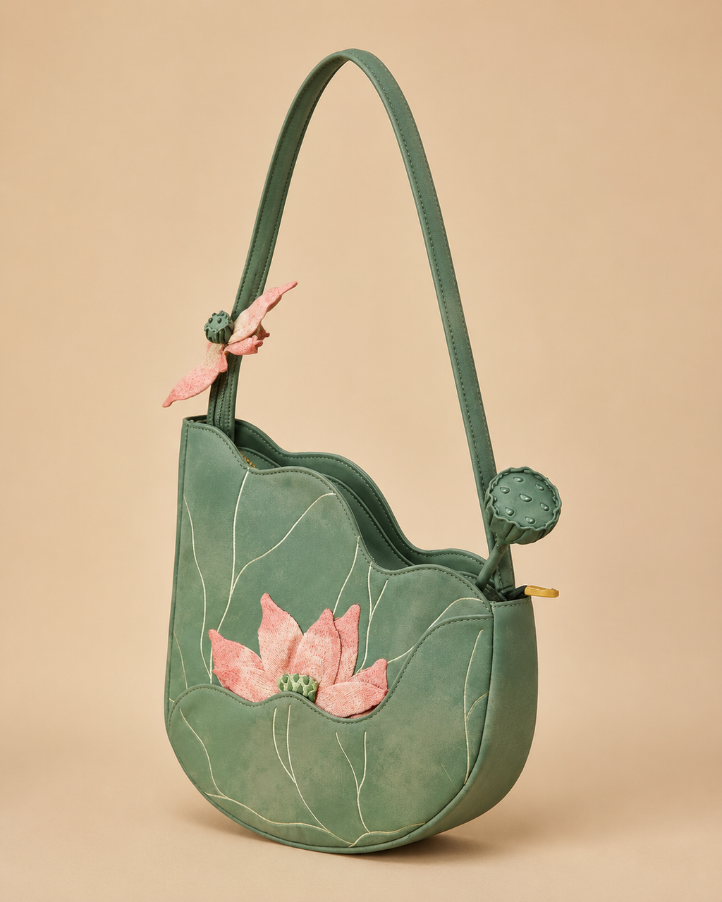 Embroidered Lotus Leaf Suede Shoulder Bag with Textured Bloom and Seed Pod Details