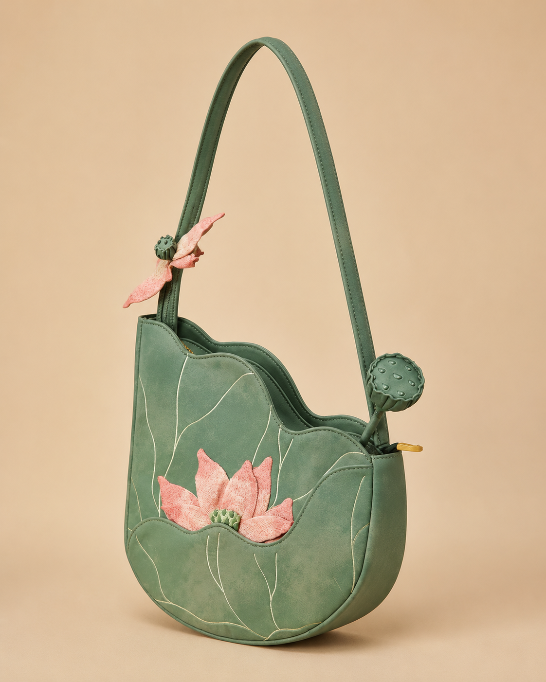 Embroidered Lotus Leaf Suede Shoulder Bag with Textured Bloom and Seed Pod Details