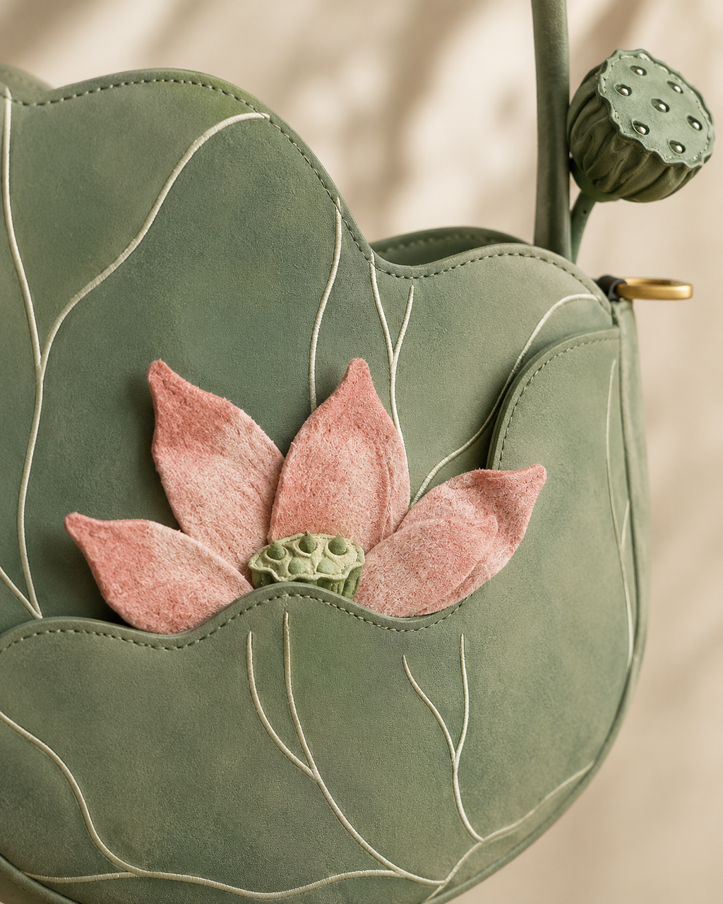 Embroidered Lotus Leaf Suede Shoulder Bag with Textured Bloom and Seed Pod Details