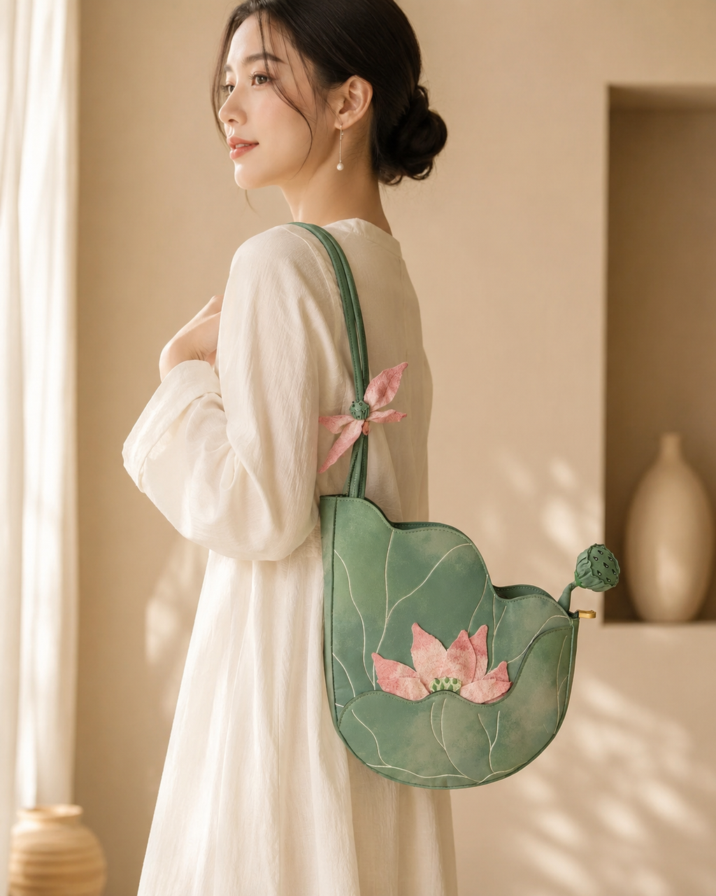 Embroidered Lotus Leaf Suede Shoulder Bag with Textured Bloom and Seed Pod Details
