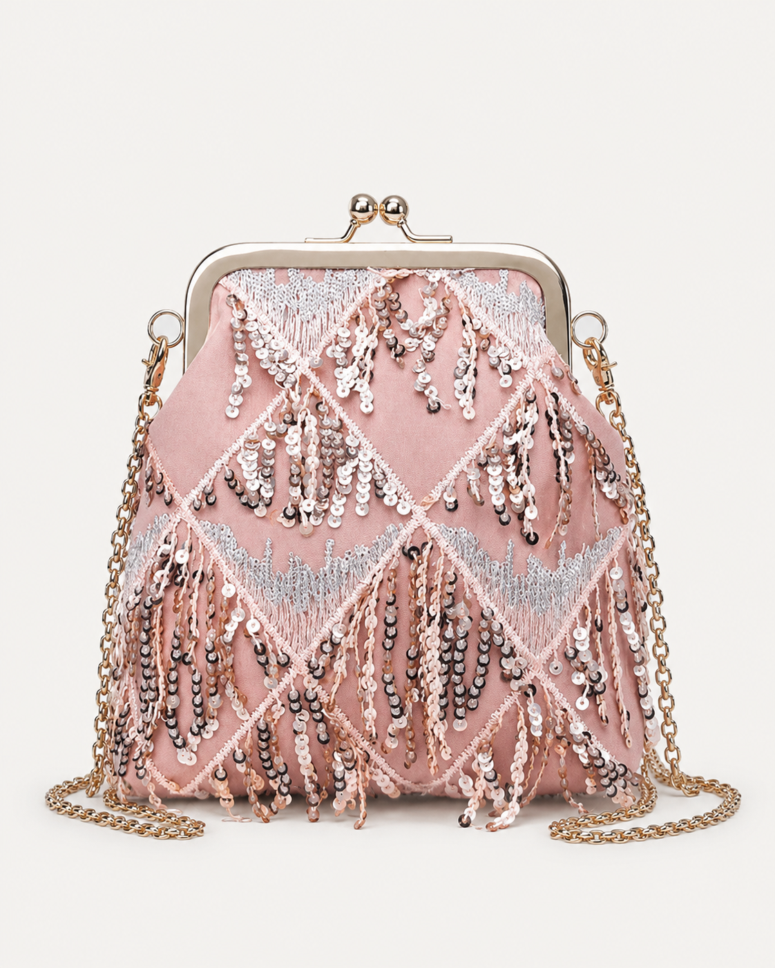 Sequin Fringe Diamond-Embroidered Frame Clutch with Detachable Chain Strap