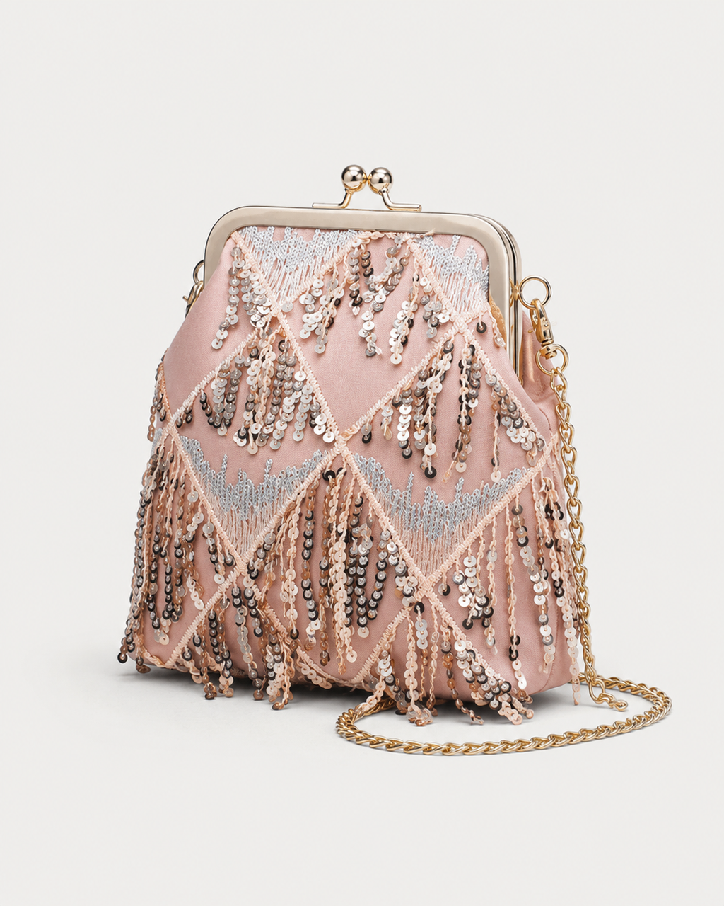 Sequin Fringe Diamond-Embroidered Frame Clutch with Detachable Chain Strap