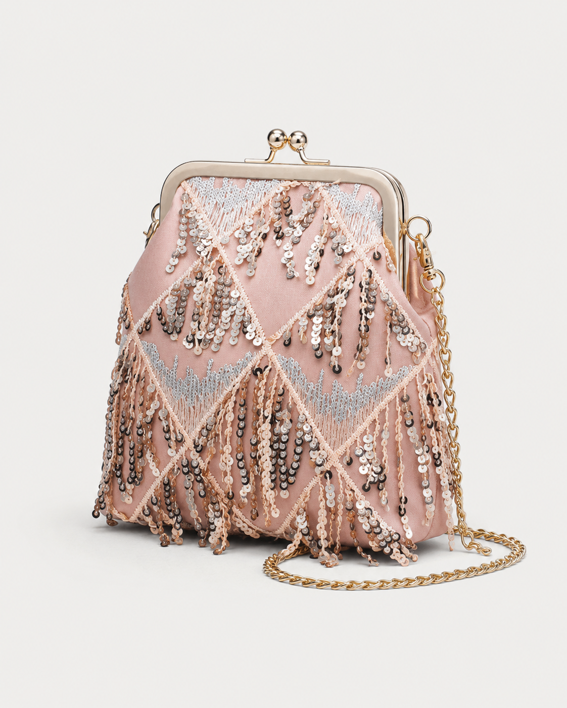Sequin Fringe Diamond-Embroidered Frame Clutch with Detachable Chain Strap