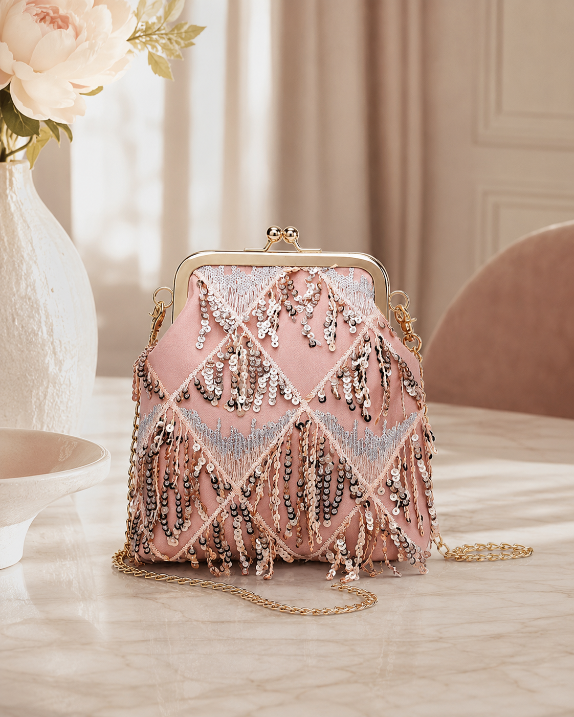 Sequin Fringe Diamond-Embroidered Frame Clutch with Detachable Chain Strap