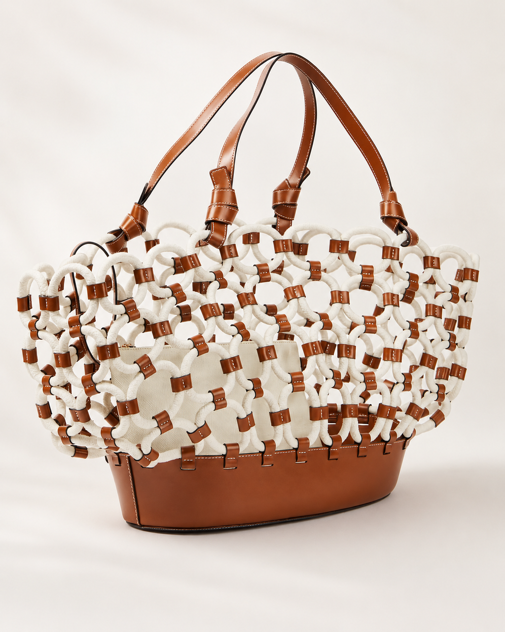 Macramé Rope Network Leather-Trimmed Tote Bag with Canvas Pouch