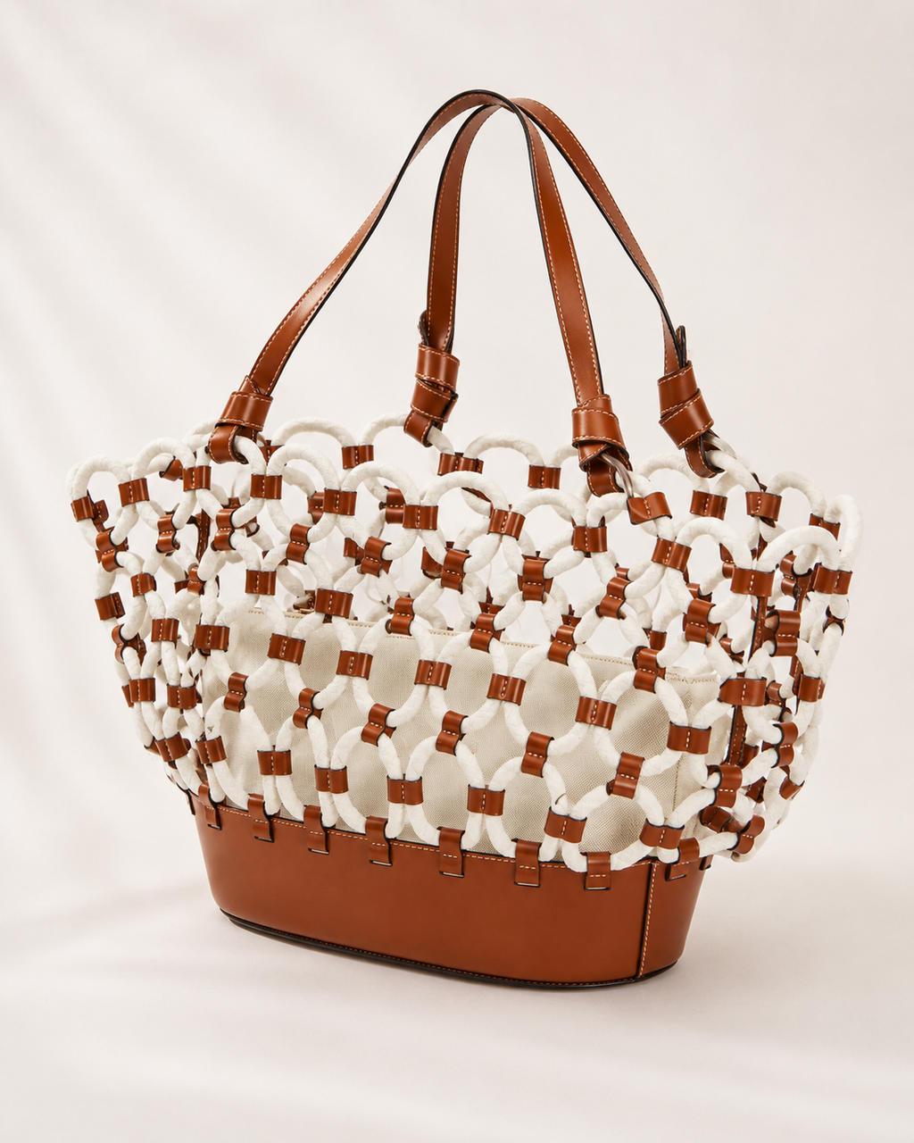 Macramé Rope Network Leather-Trimmed Tote Bag with Canvas Pouch