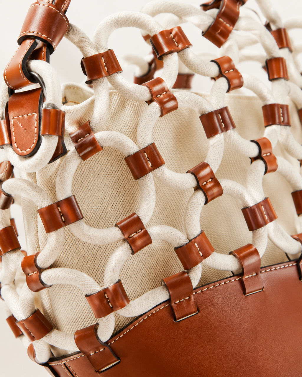 Macramé Rope Network Leather-Trimmed Tote Bag with Canvas Pouch