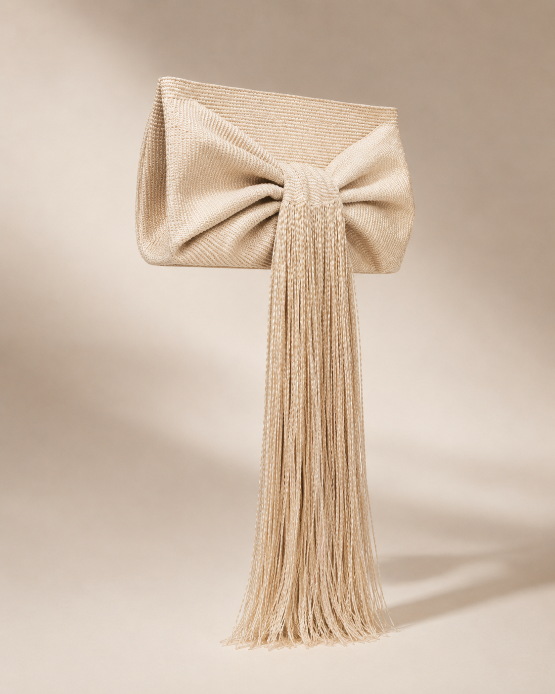Woven Cotton Cord Bow Clutch with Dramatic Cascading Fringe