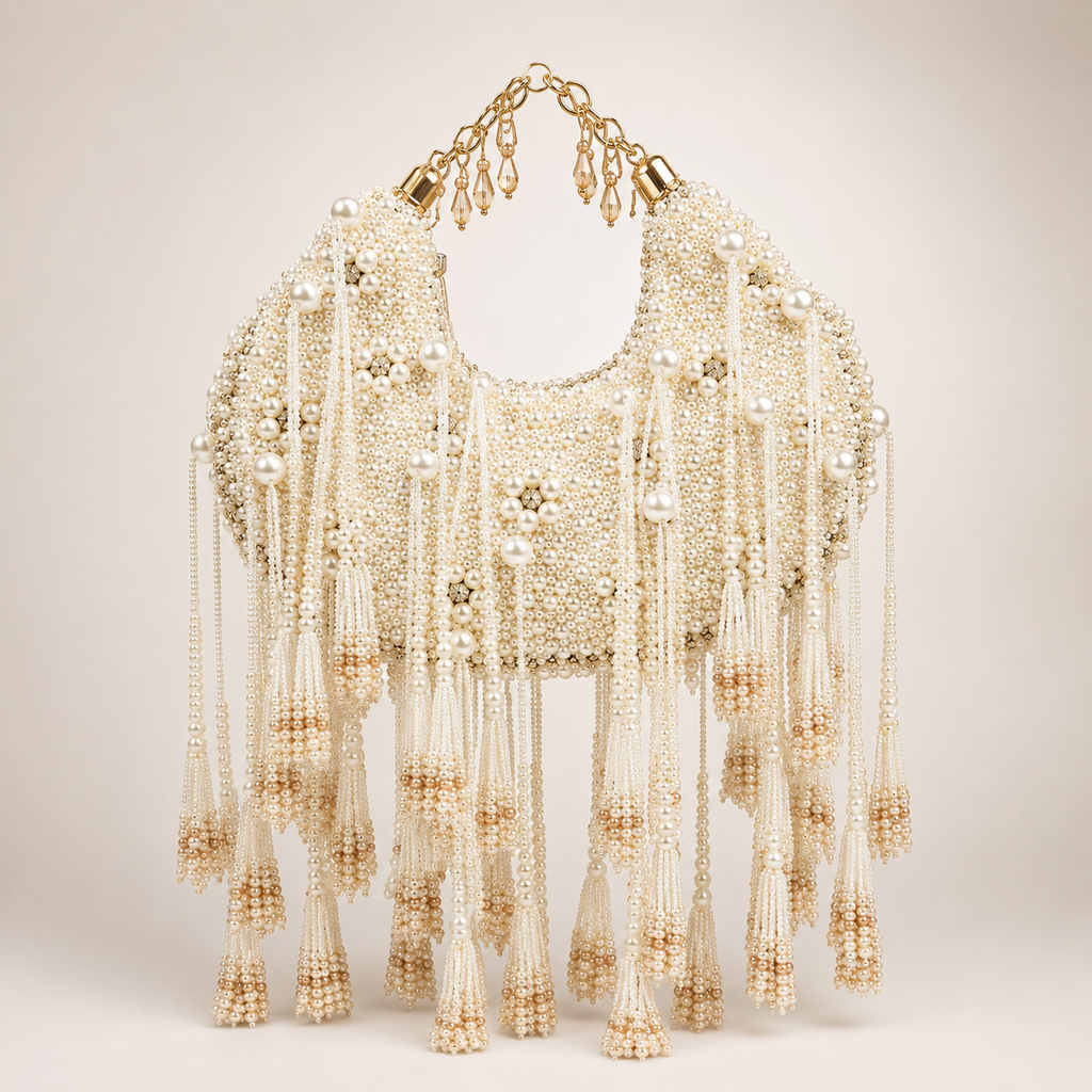 Opulent Faux Pearl Crescent Bag with Cascading Crystal-Beaded Tassels