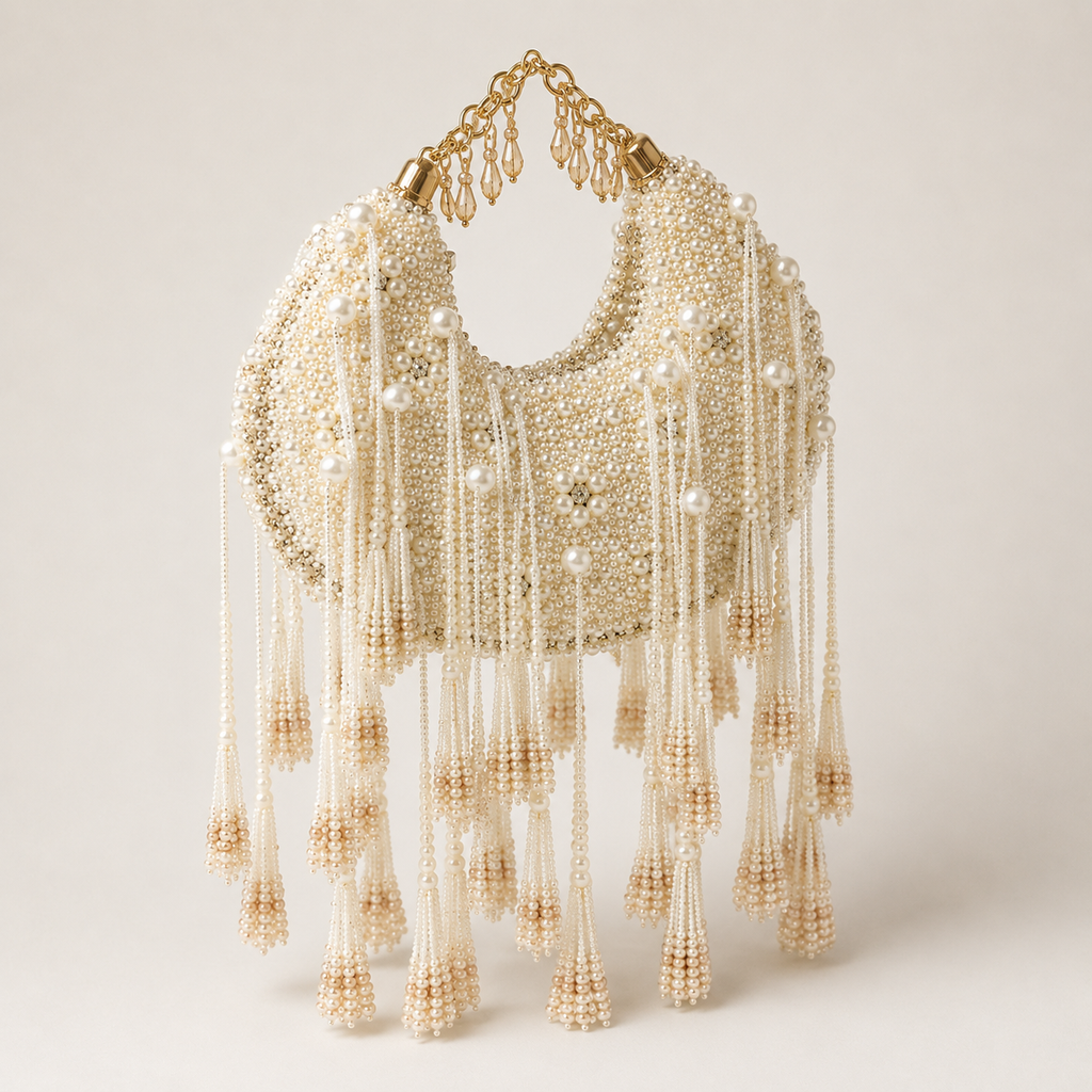 Opulent Faux Pearl Crescent Bag with Cascading Crystal-Beaded Tassels