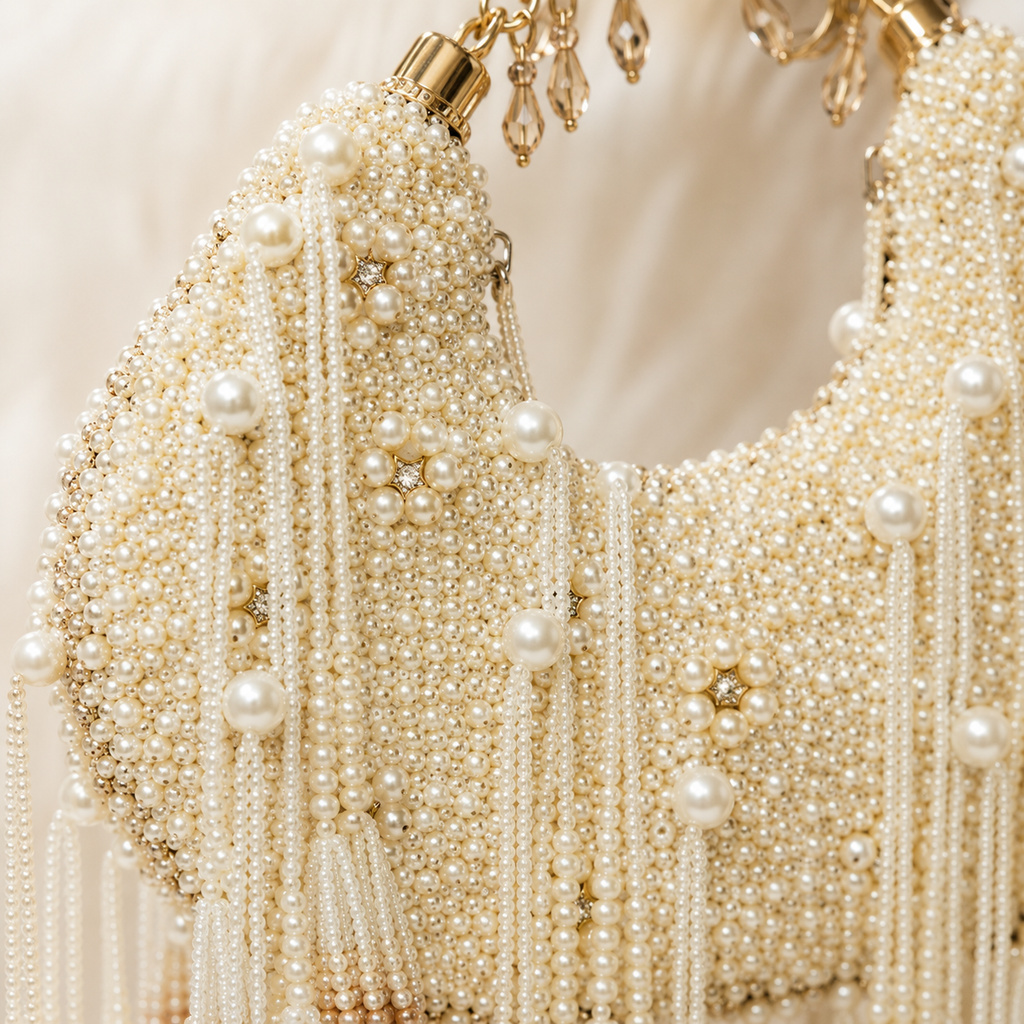 Opulent Faux Pearl Crescent Bag with Cascading Crystal-Beaded Tassels