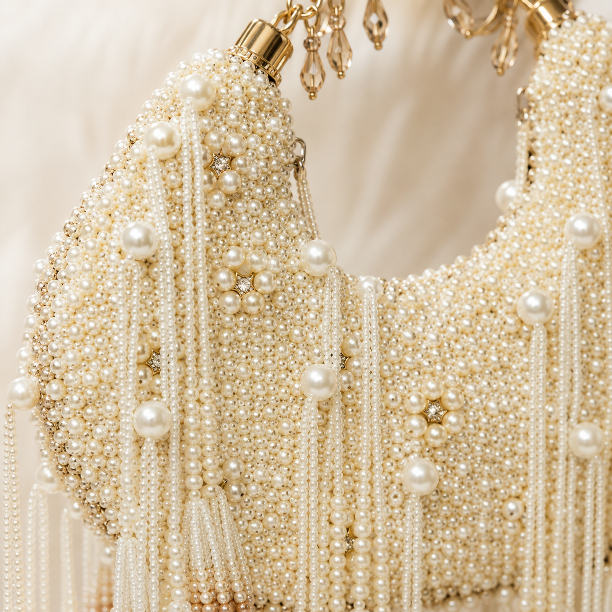 Opulent Faux Pearl Crescent Bag with Cascading Crystal-Beaded Tassels