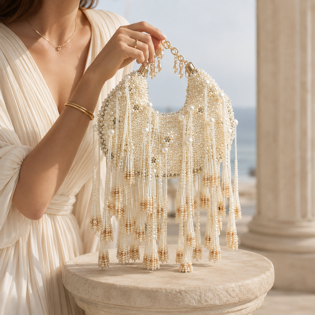 Opulent Faux Pearl Crescent Bag with Cascading Crystal-Beaded Tassels