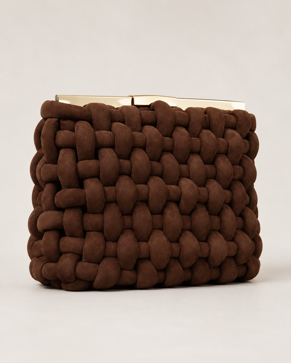 Oversized Intrecciato Suede Tube Clutch with Sculptural Gold Bars