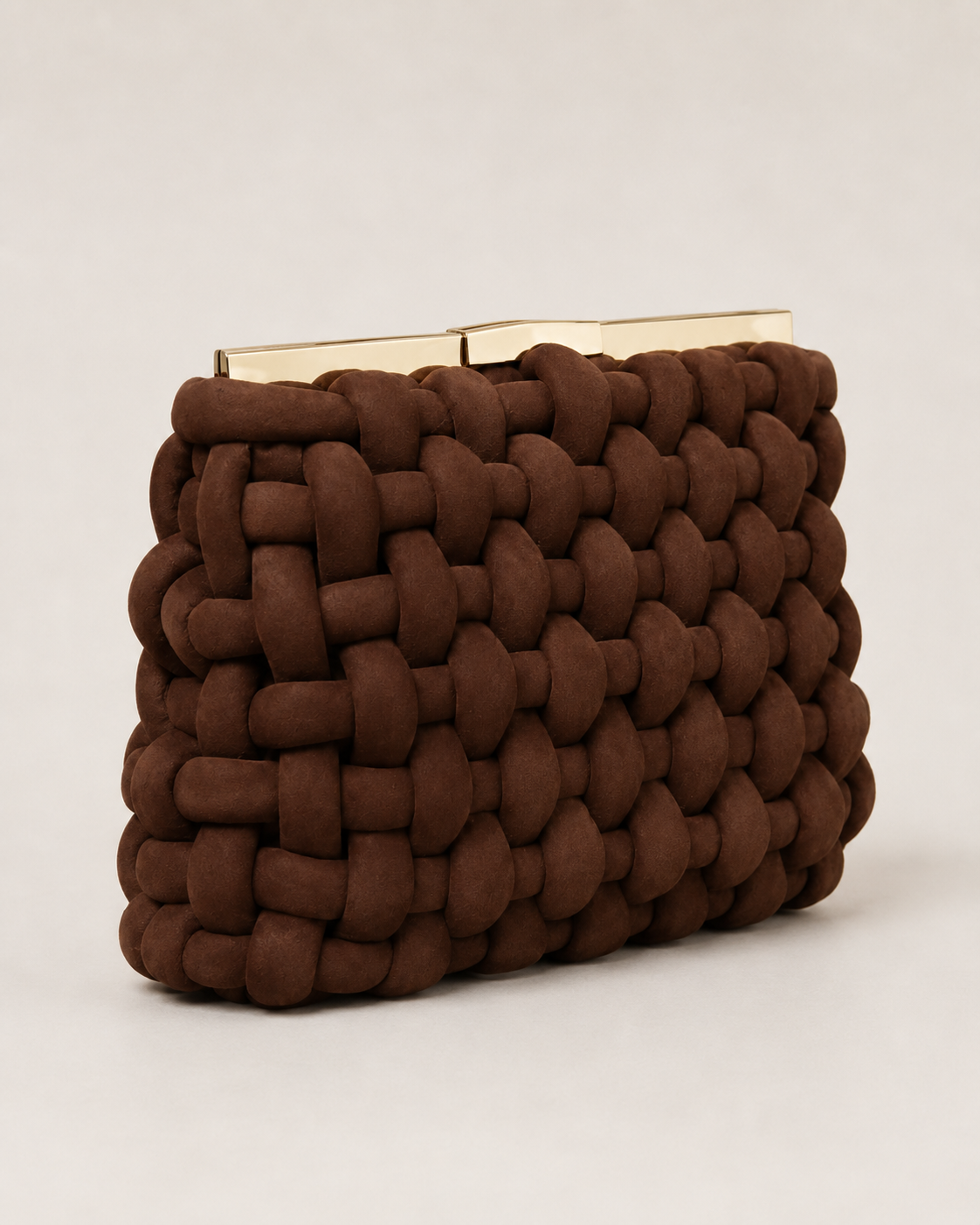 Oversized Intrecciato Suede Tube Clutch with Sculptural Gold Bars