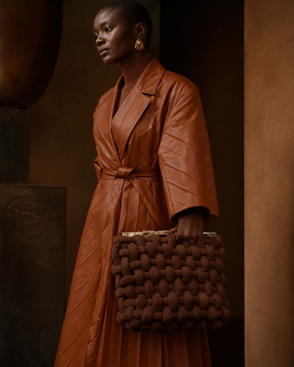 Oversized Intrecciato Suede Tube Clutch with Sculptural Gold Bars