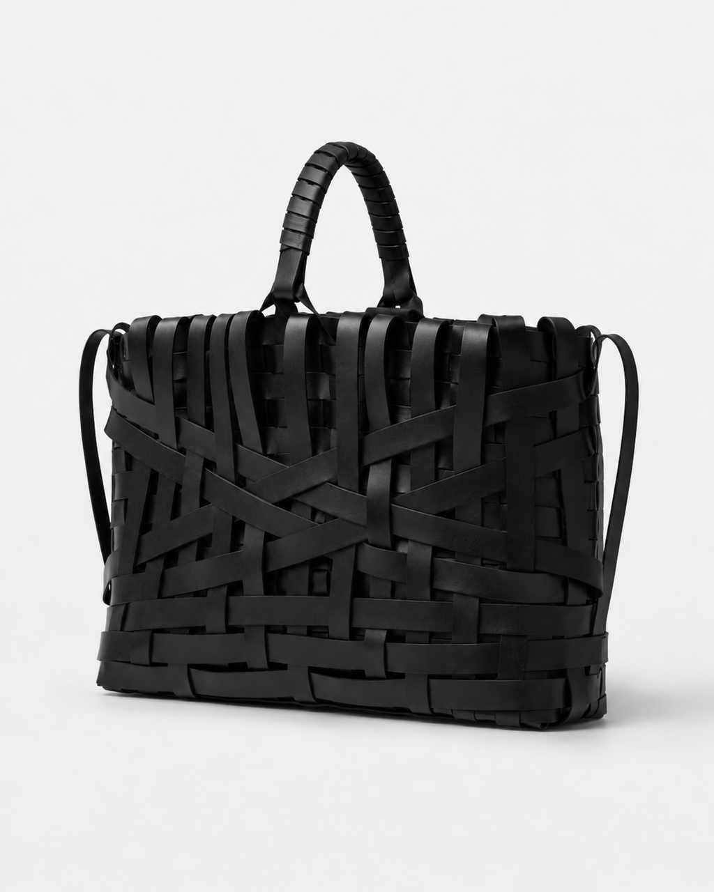 Architectural Maxi Basketweave Leather Tote Bag with Sculptural Wrapped Handle