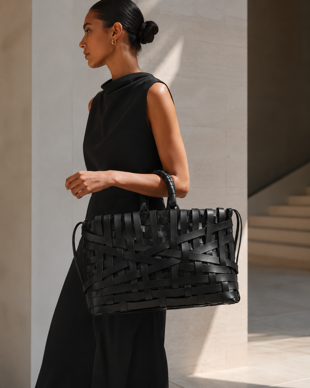 Architectural Maxi Basketweave Leather Tote Bag with Sculptural Wrapped Handle
