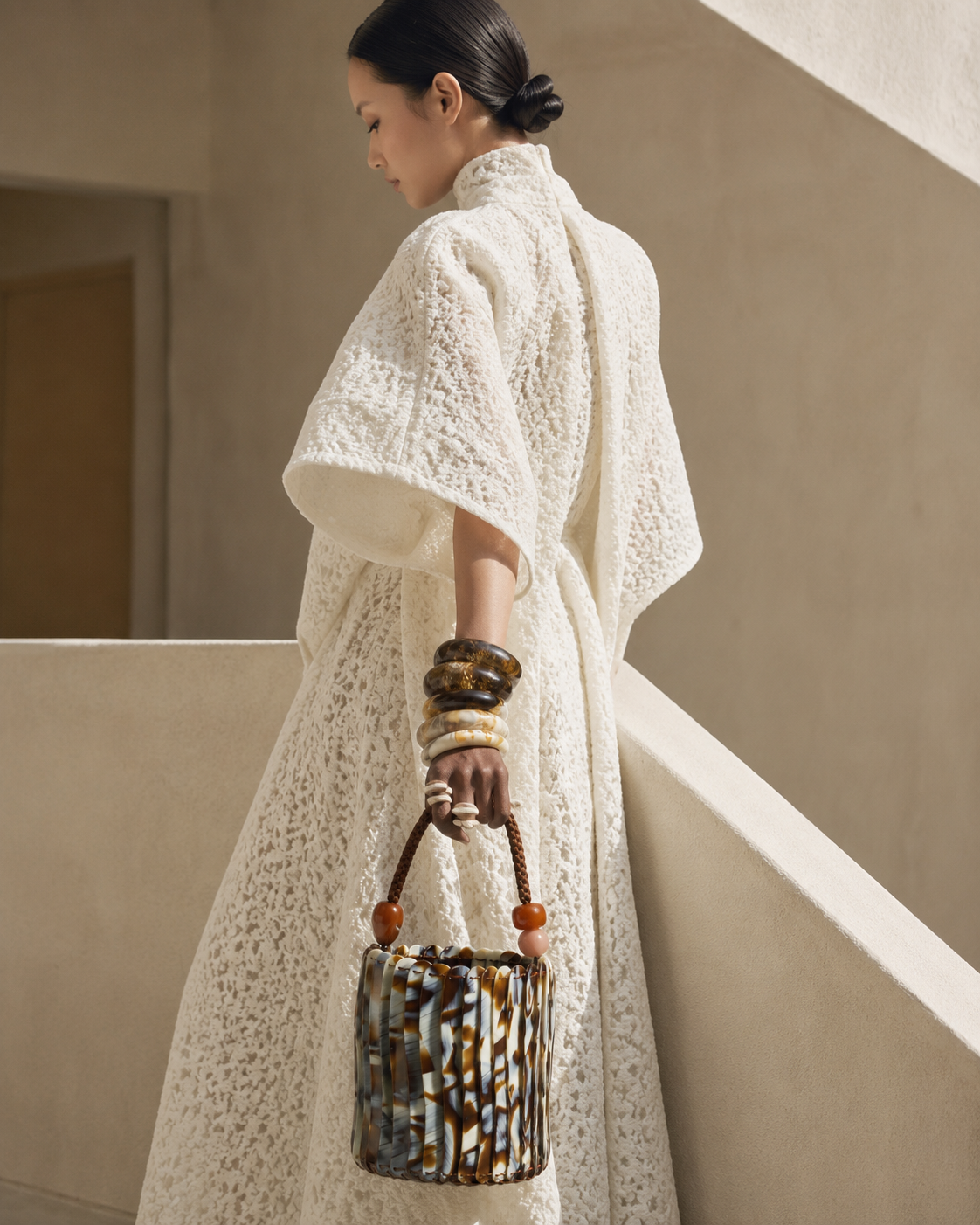 Avant-Garde Resin Link Bucket Bag with Braided Cord & Totemic Beads