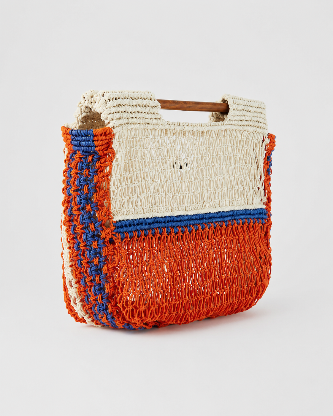Color-Block Macramé Tote Bag with Sculptural Wooden Top Handle