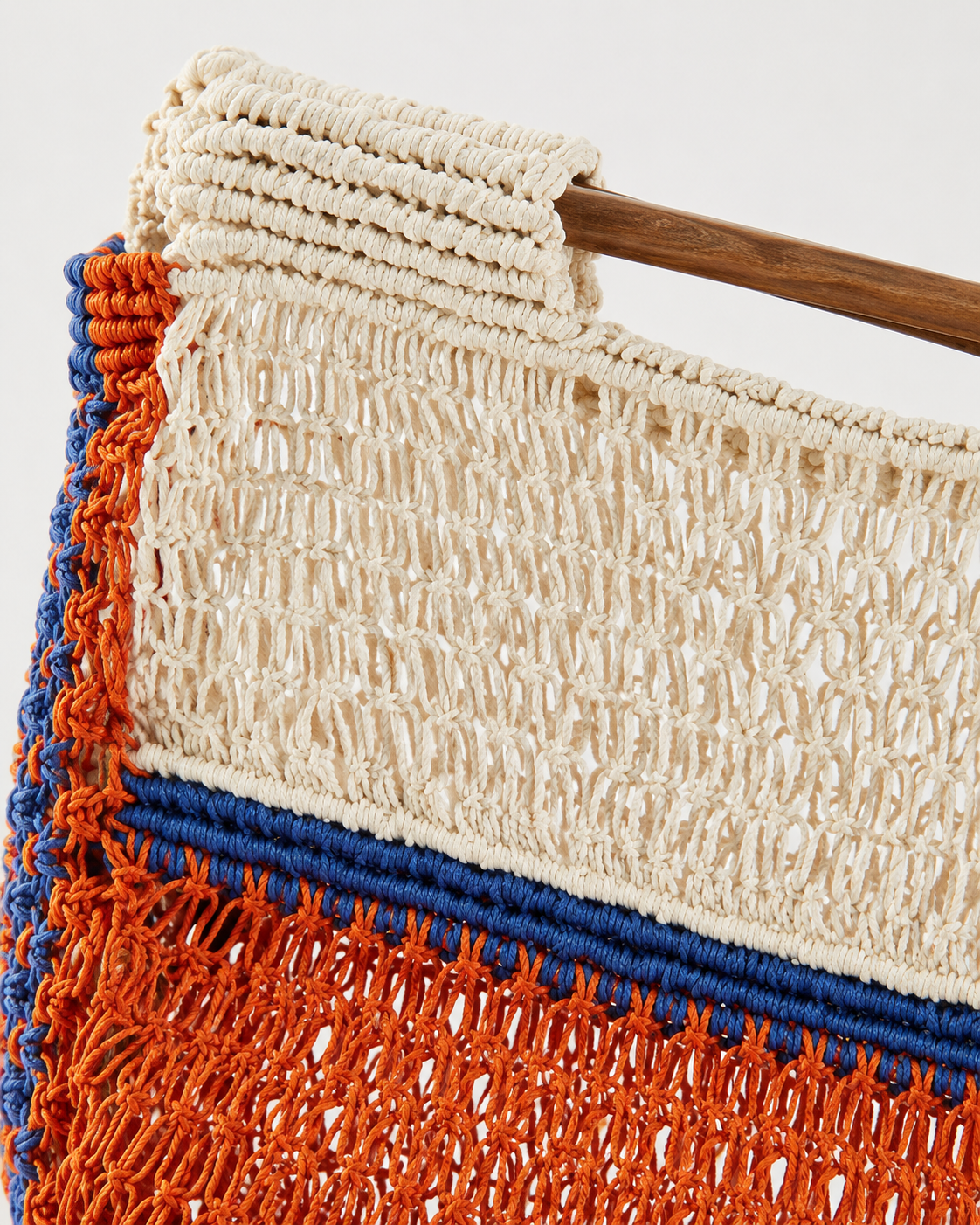 Color-Block Macramé Tote Bag with Sculptural Wooden Top Handle