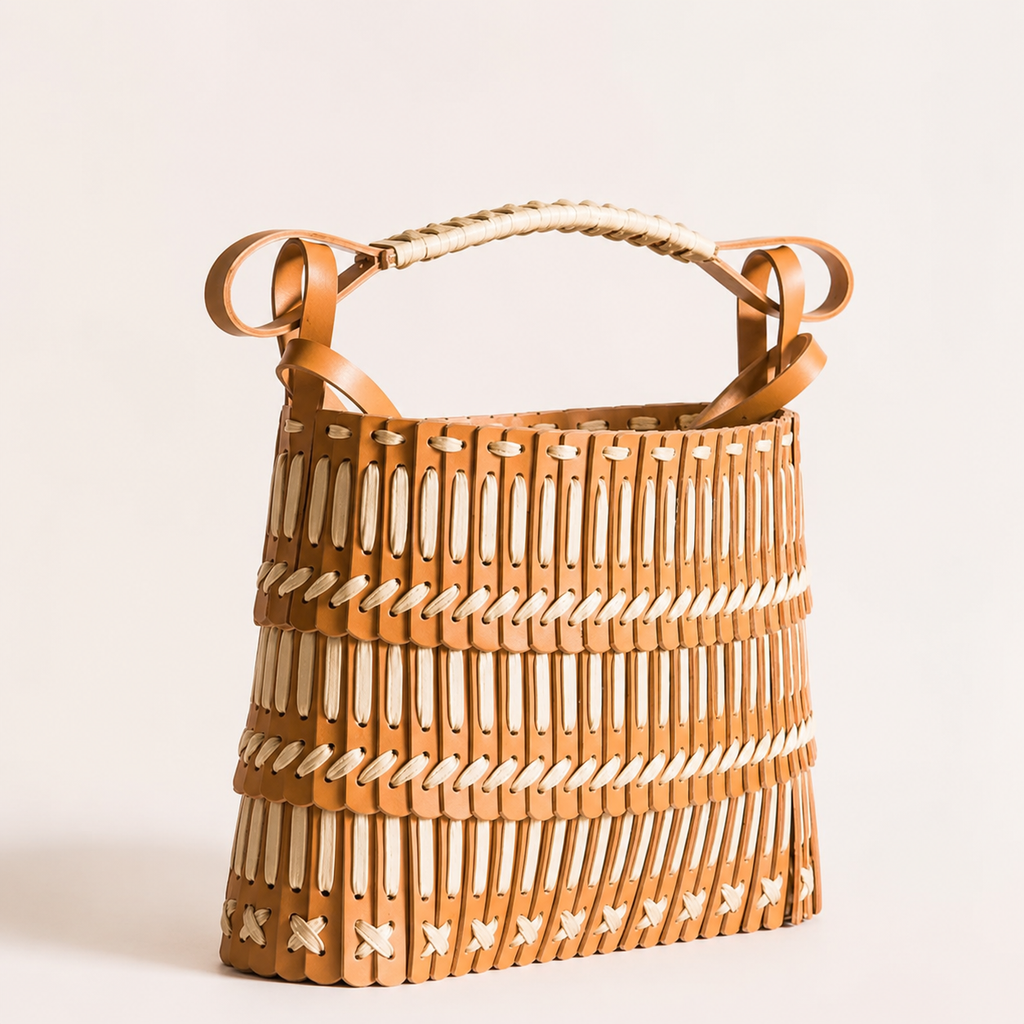 Woven Leather Basket Tote Bag with Braided Top Handle