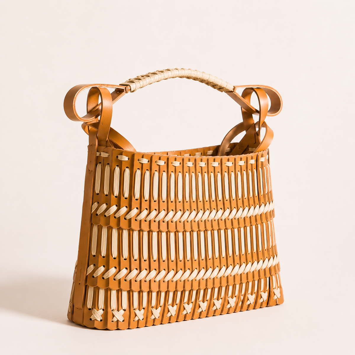 Woven Leather Basket Tote Bag with Braided Top Handle