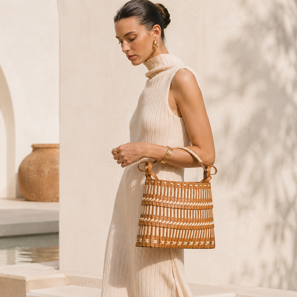 Woven Leather Basket Tote Bag with Braided Top Handle