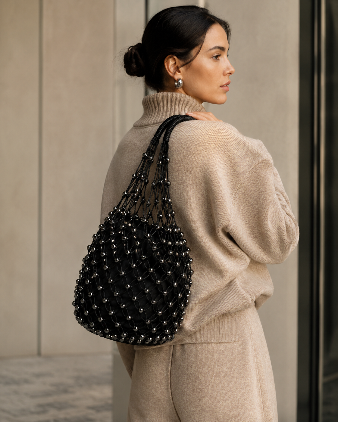 Beaded Net Market Tote Bag with Satin Pouch