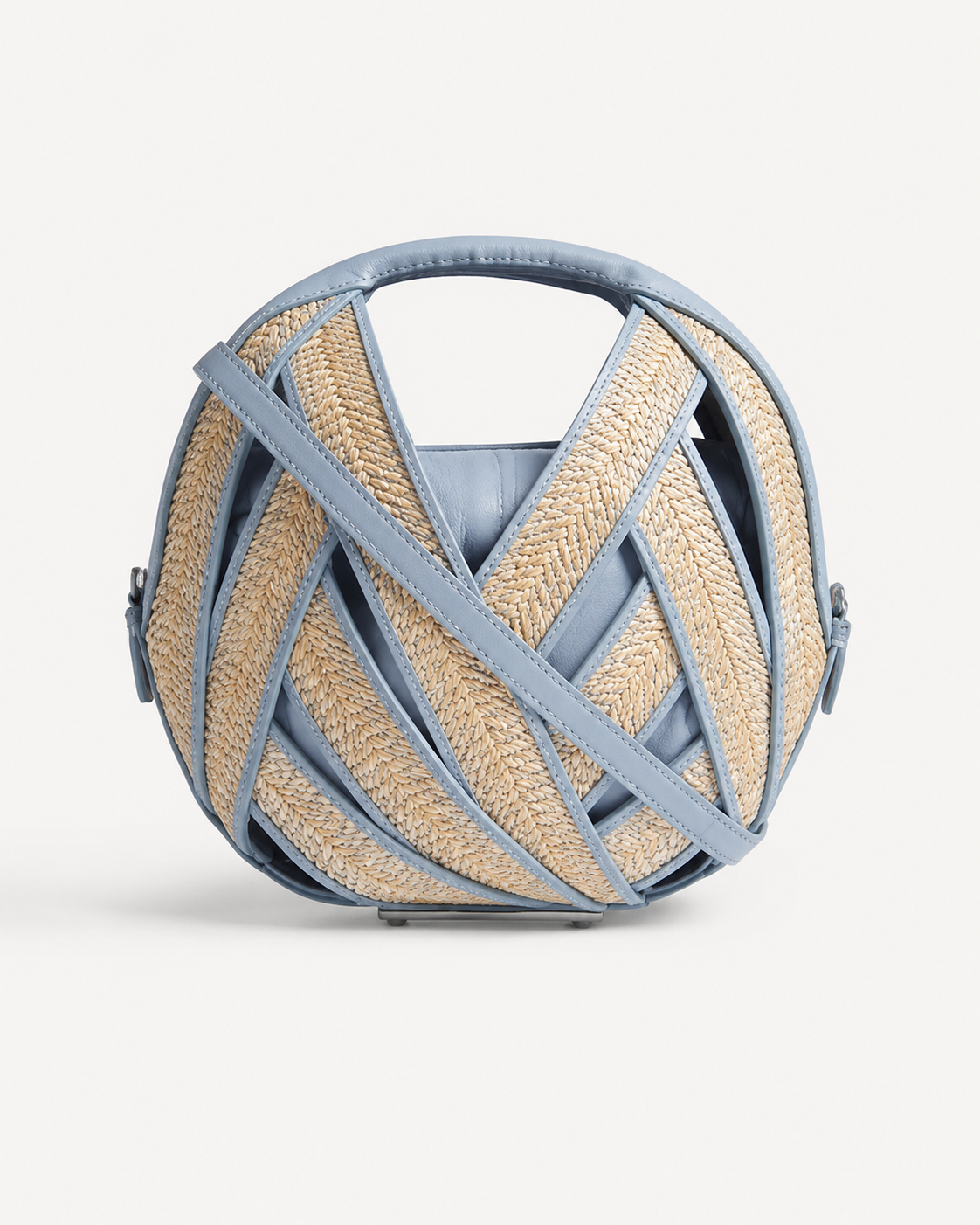 Sculptural Circular Raffia and Cornflower Blue Leather Tote