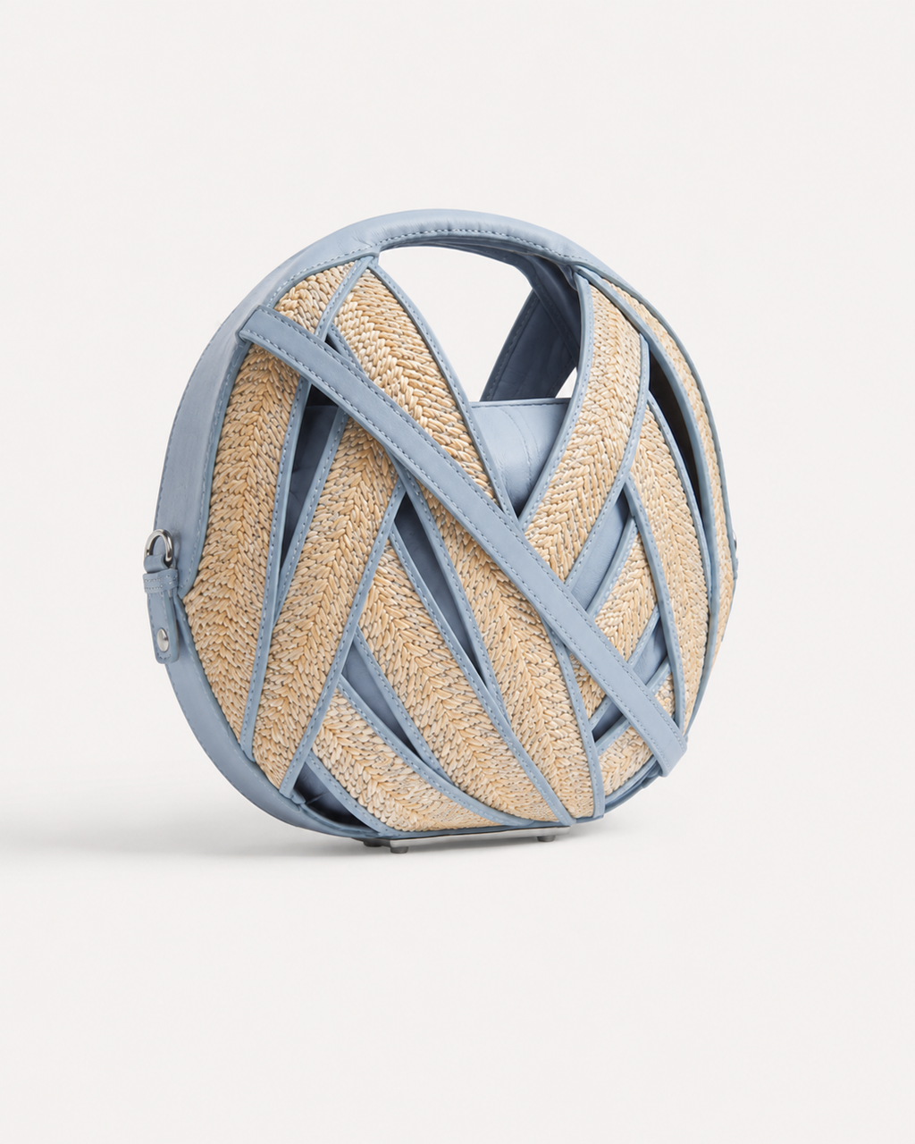 Sculptural Circular Raffia and Cornflower Blue Leather Tote