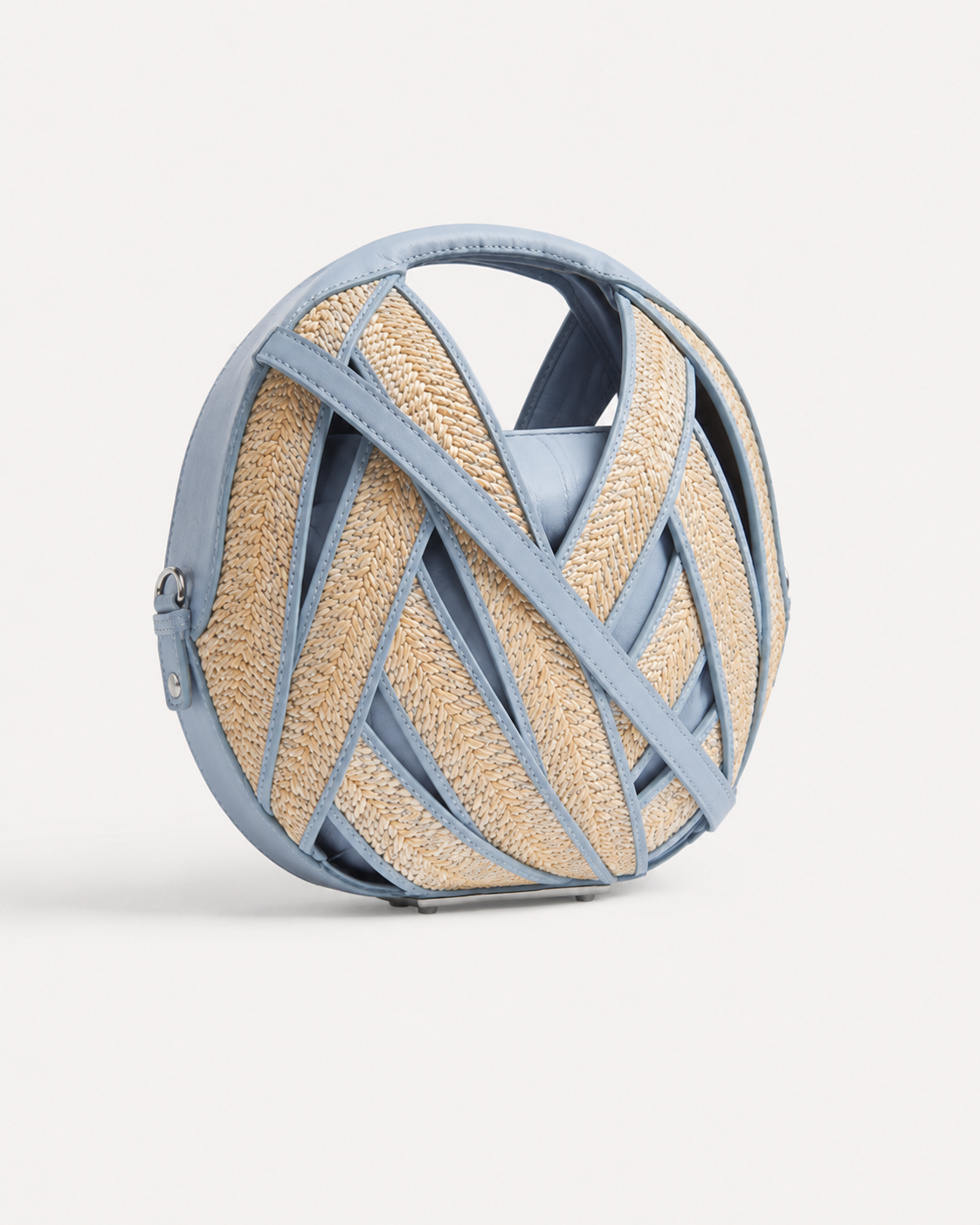 Sculptural Circular Raffia and Cornflower Blue Leather Tote