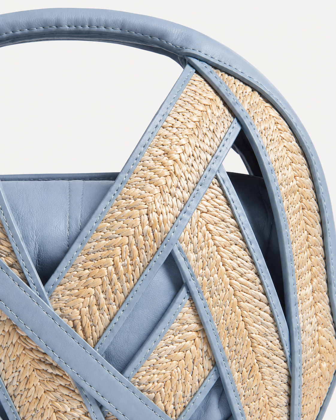 Sculptural Circular Raffia and Cornflower Blue Leather Tote