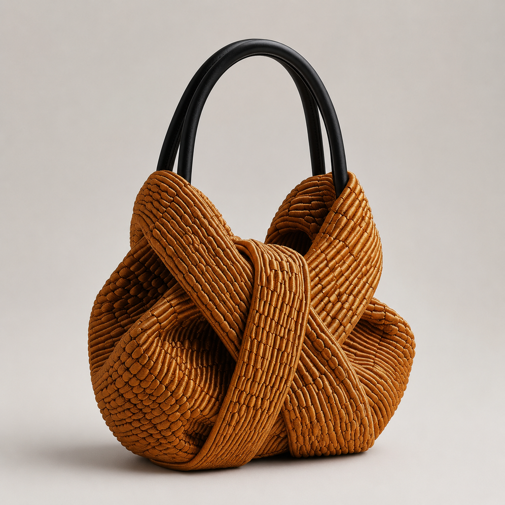 Architectural Knotted Cord Tote Bag with Leather Handles