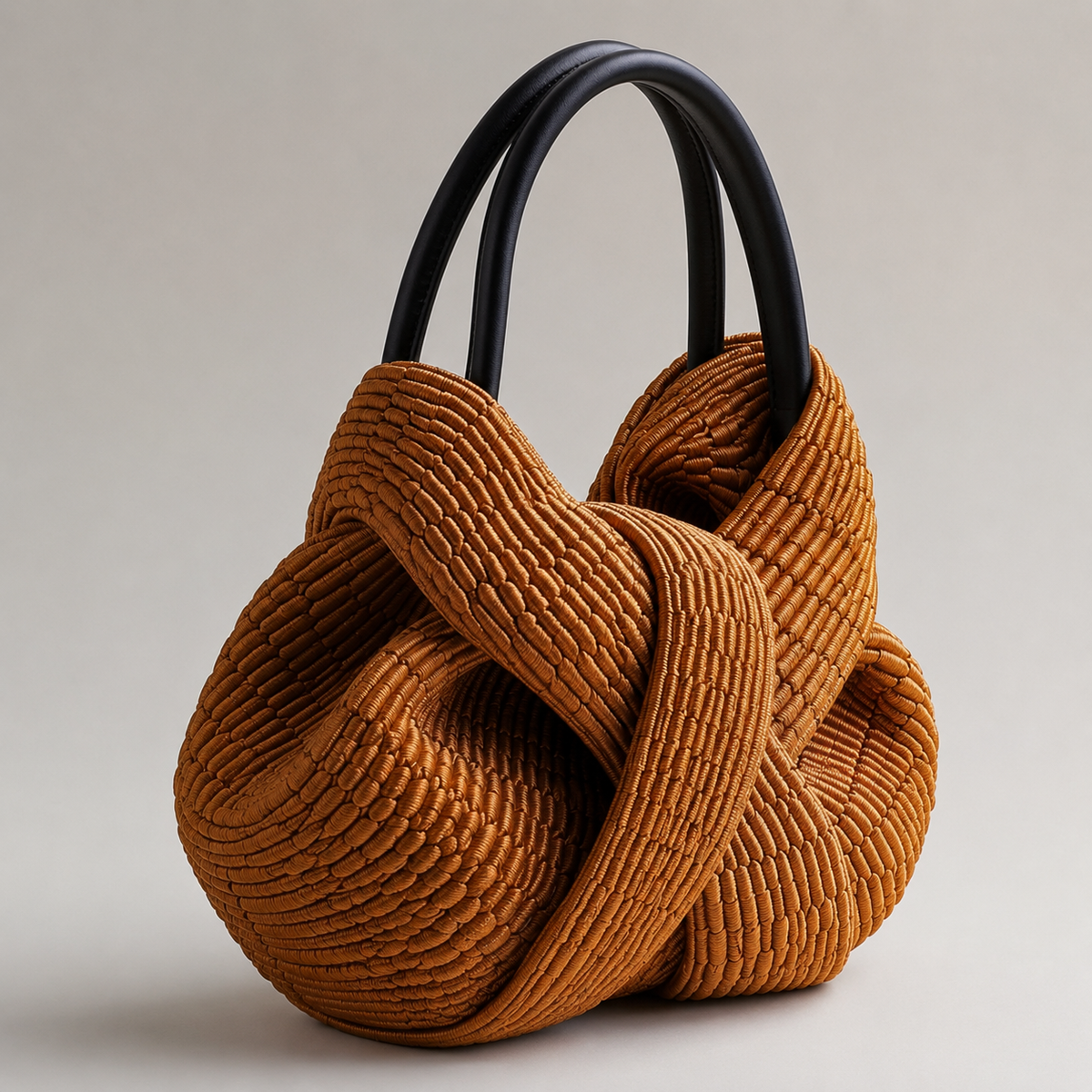 Architectural Knotted Cord Tote Bag with Leather Handles