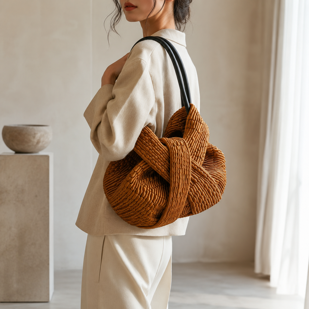 Architectural Knotted Cord Tote Bag with Leather Handles