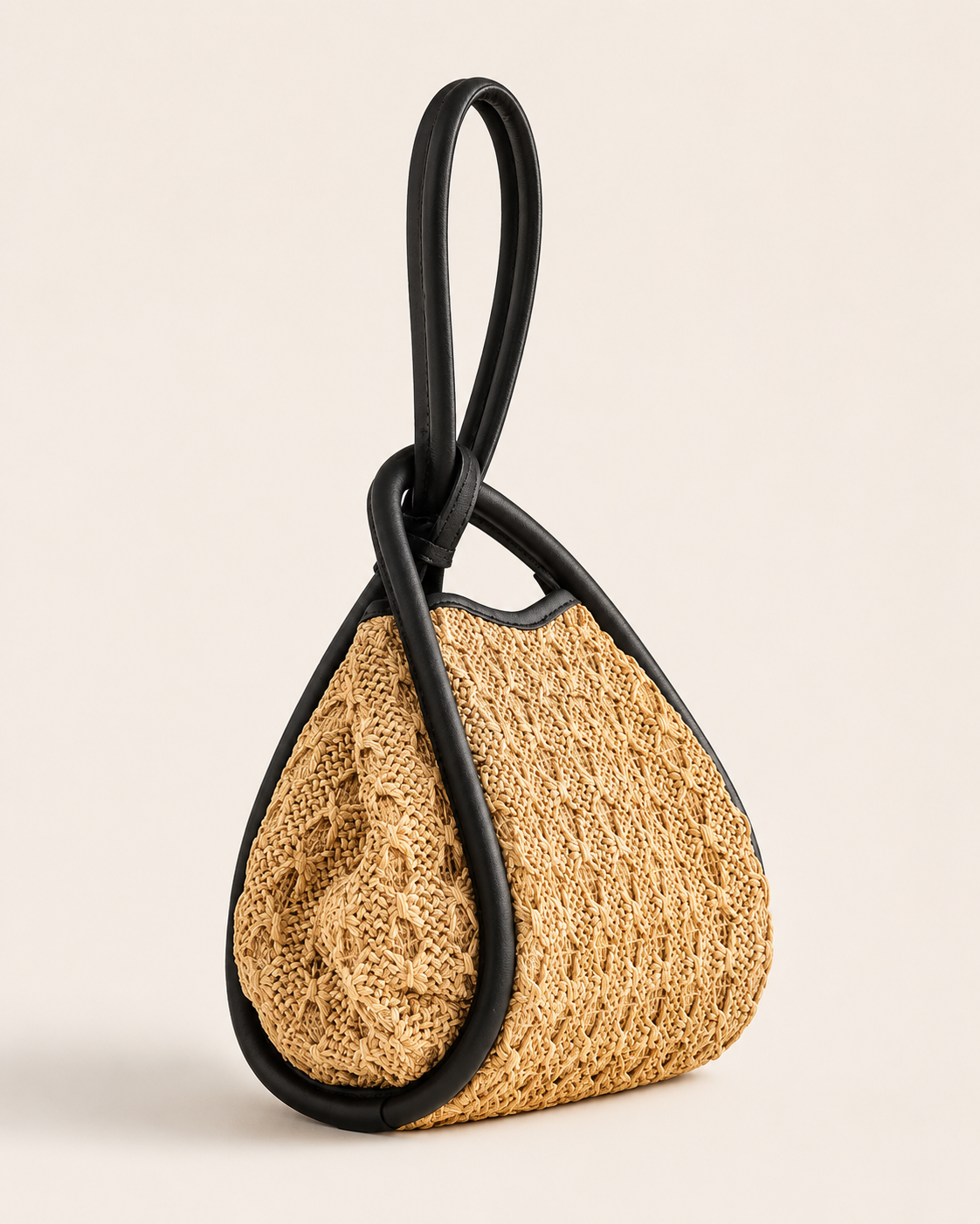 Sculptural Open-Weave Raffia Hobo Bag with Interlocking Leather Frame