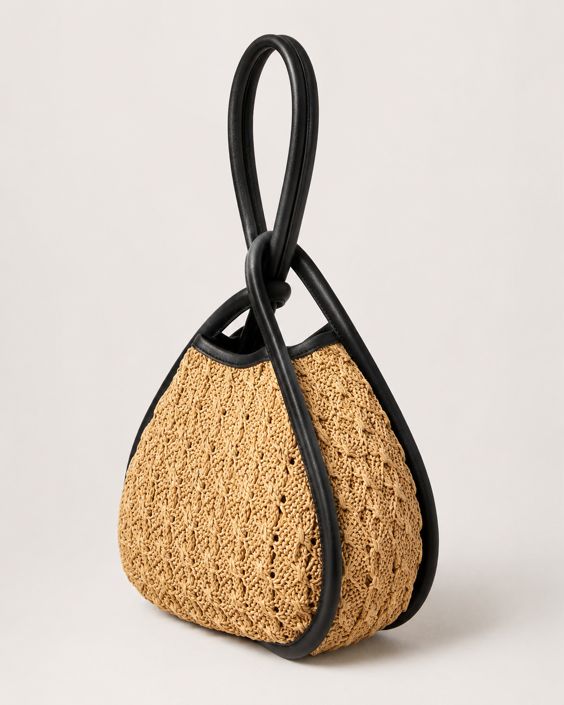Sculptural Open-Weave Raffia Hobo Bag with Interlocking Leather Frame