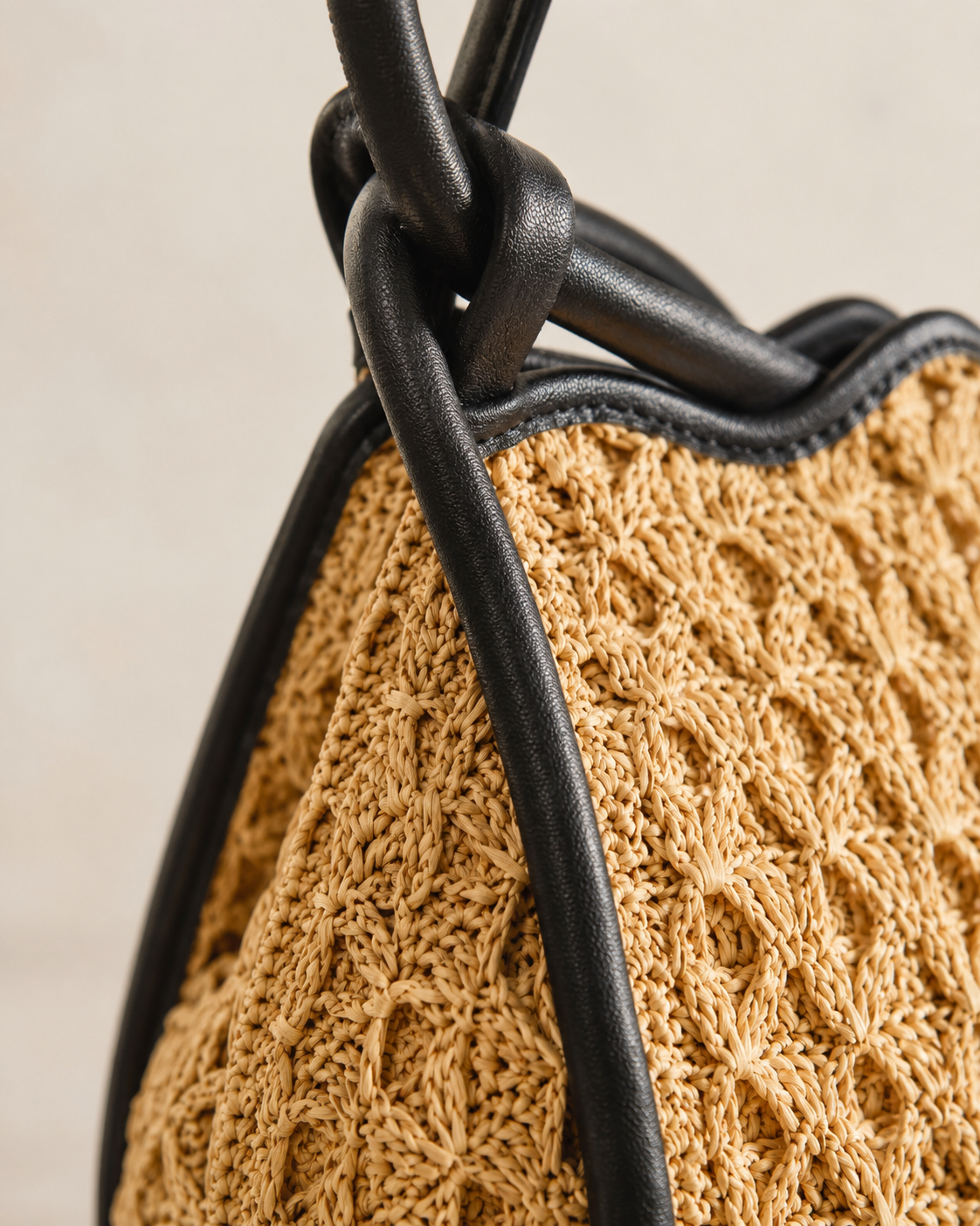 Sculptural Open-Weave Raffia Hobo Bag with Interlocking Leather Frame