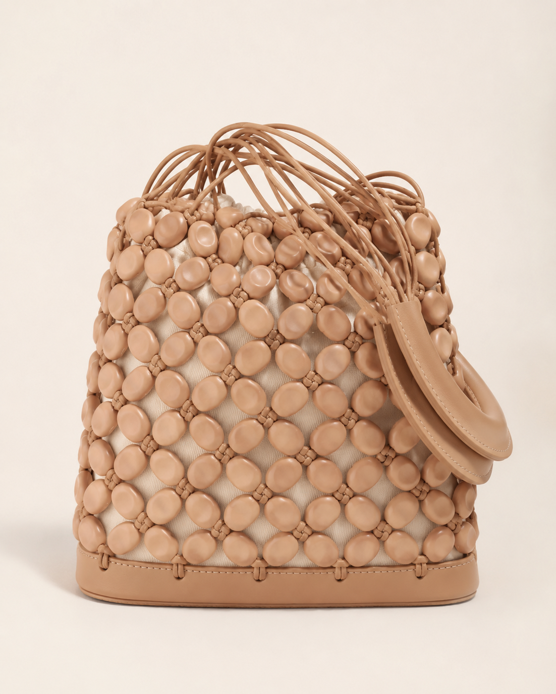 Beaded Leather Cage Bucket Bag with Canvas Drawstring Pouch