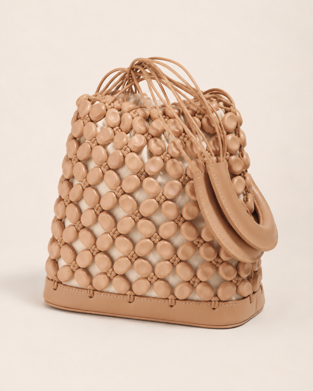Beaded Leather Cage Bucket Bag with Canvas Drawstring Pouch