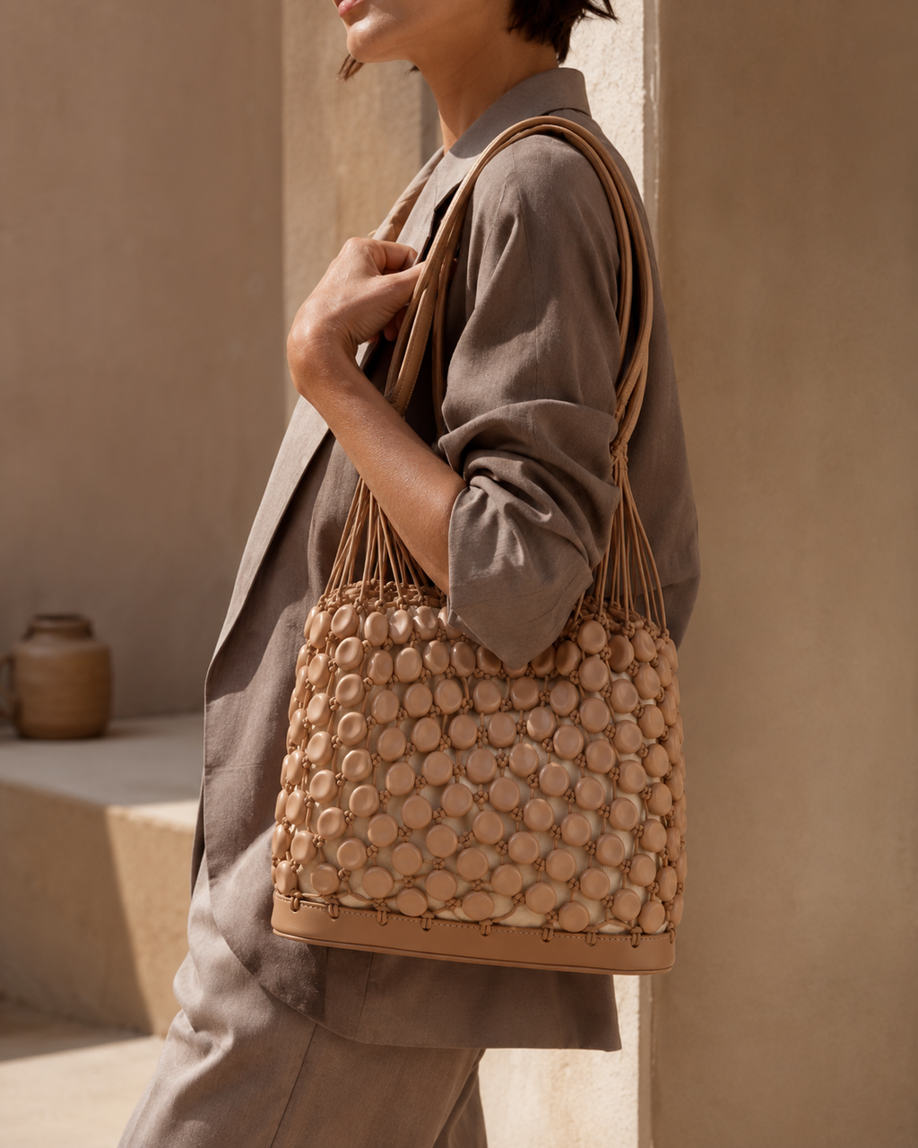 Beaded Leather Cage Bucket Bag with Canvas Drawstring Pouch