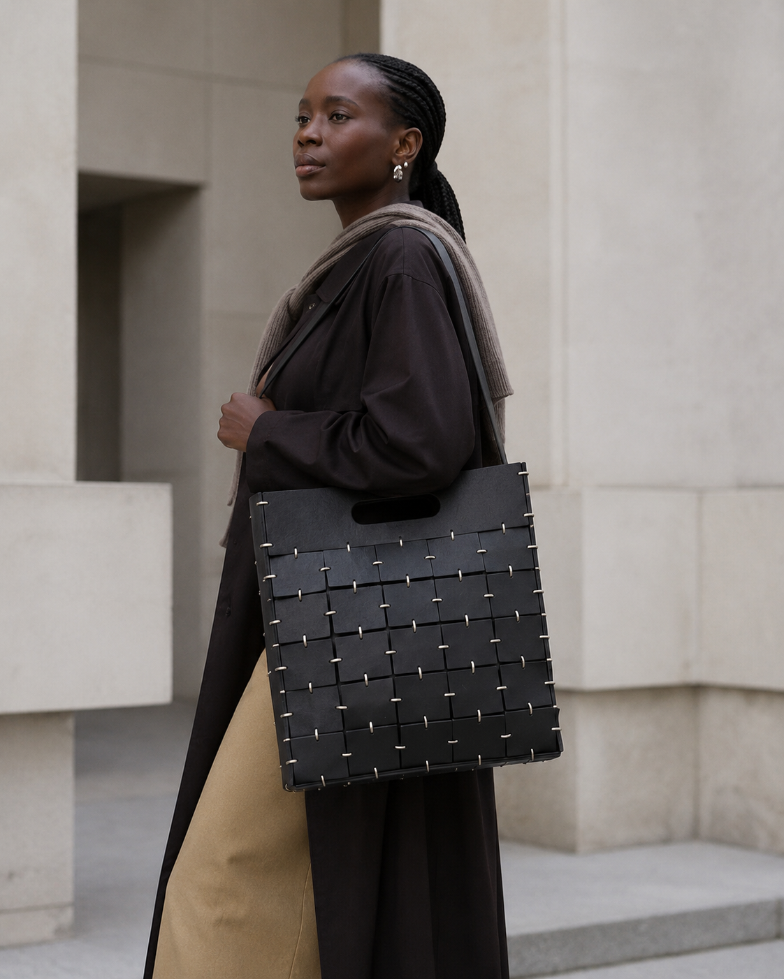 Modular Interlocking Leather Tile Tote Bag with Ring Hardware