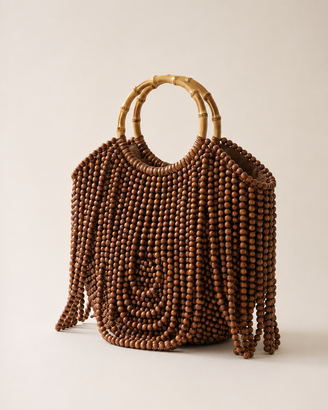 Wooden Bead Fringe Tote Bag with Bamboo Handles