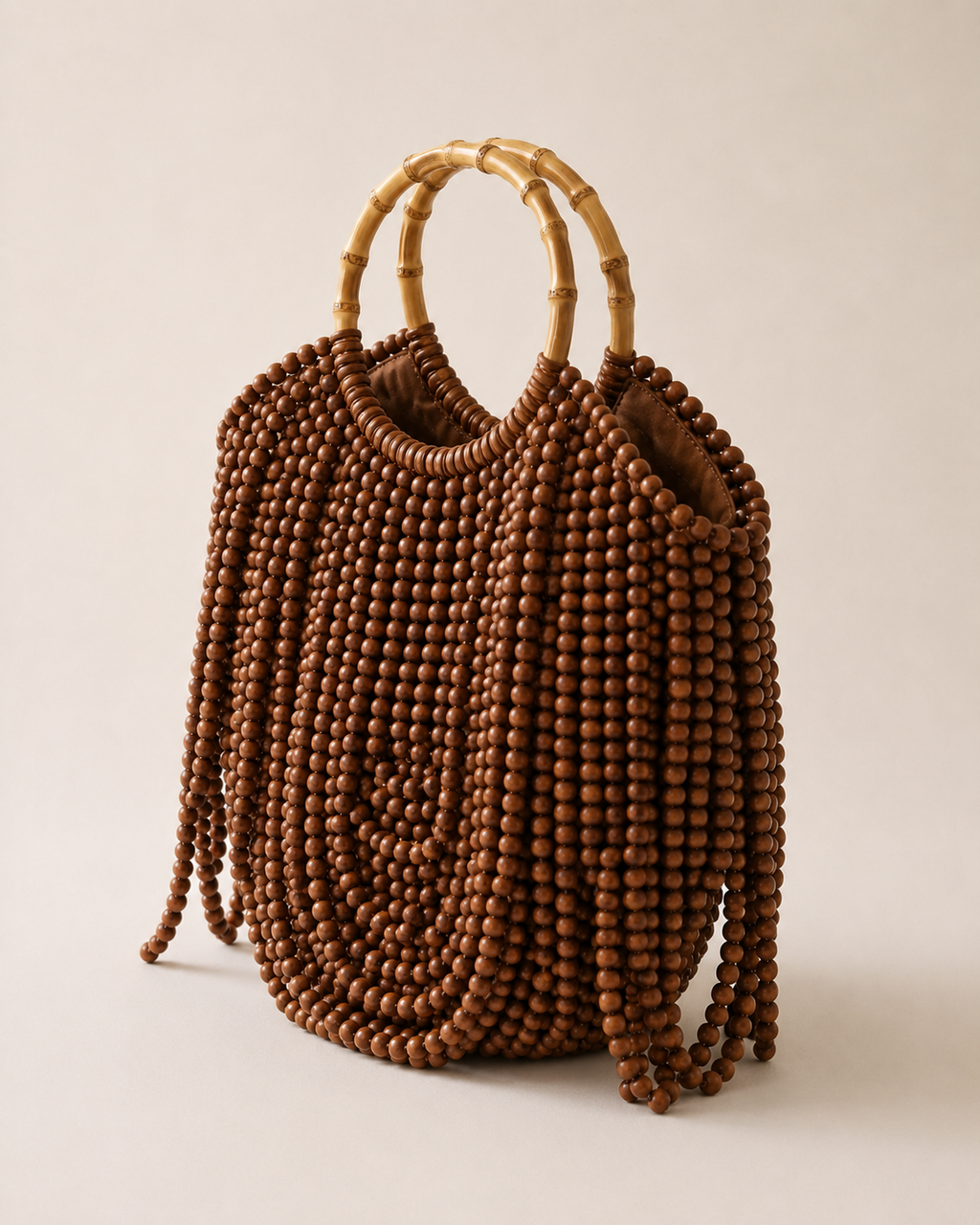 Wooden Bead Fringe Tote Bag with Bamboo Handles