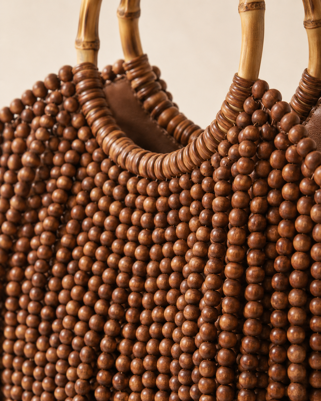 Wooden Bead Fringe Tote Bag with Bamboo Handles