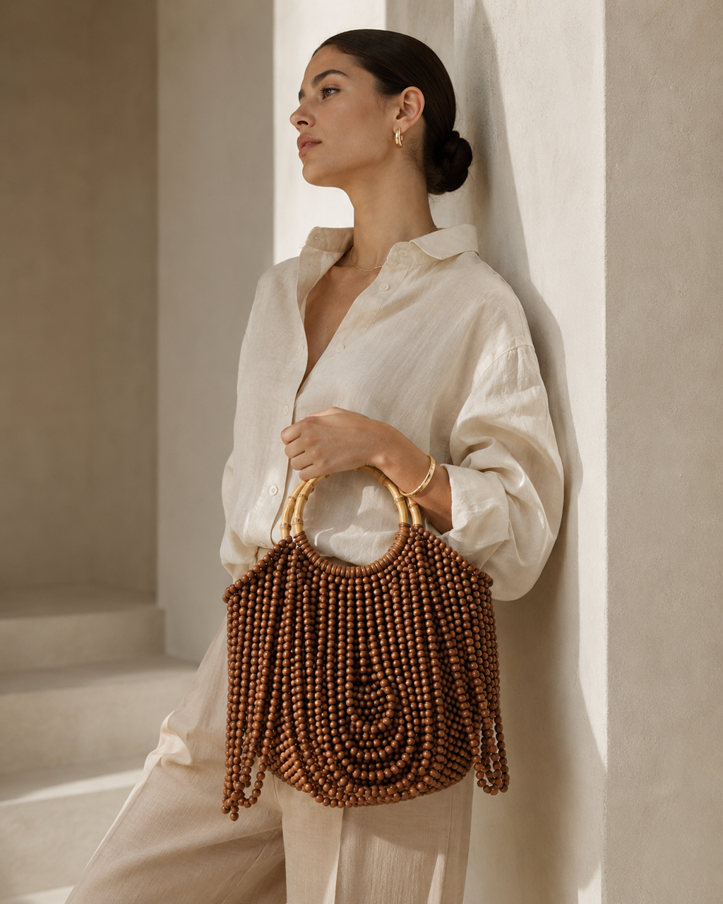 Wooden Bead Fringe Tote Bag with Bamboo Handles